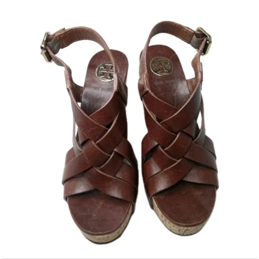 Tory Burch Ace Strappy Wedge Leather Sandals Women's Size 6 Shoes Brown
